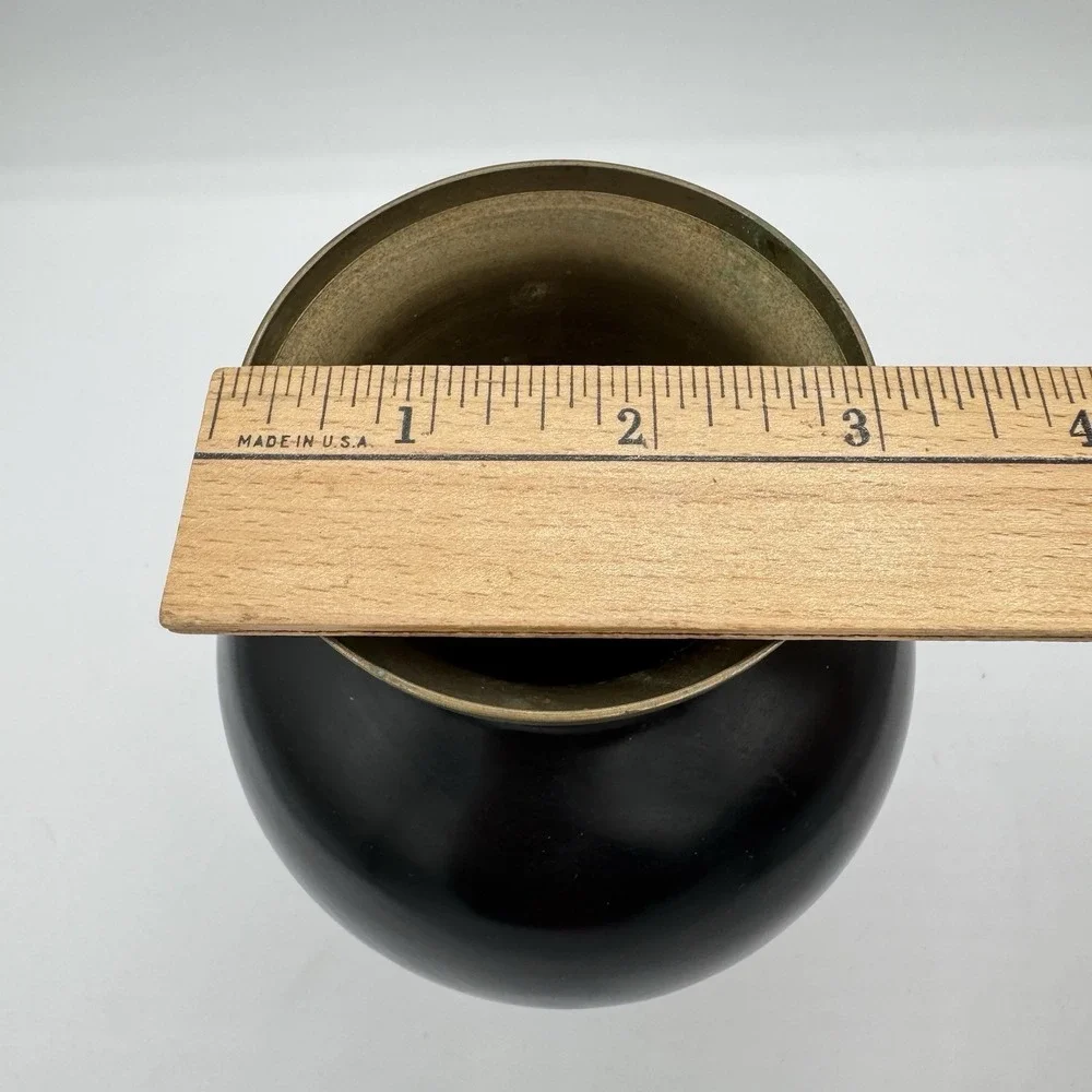 Vintage Korean Black Lacquered Brass Vase Mother of Pearl Inlaid Floral